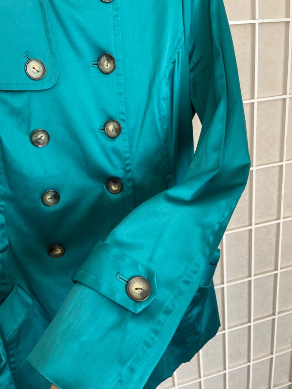 Satin vintage double breasted belted trench coat green emerald Medium
